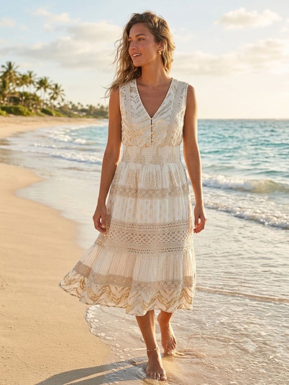 (N) Me 2 Magic Boho
Knit lace midi dress, size L
Gold flowers, 100% cotton